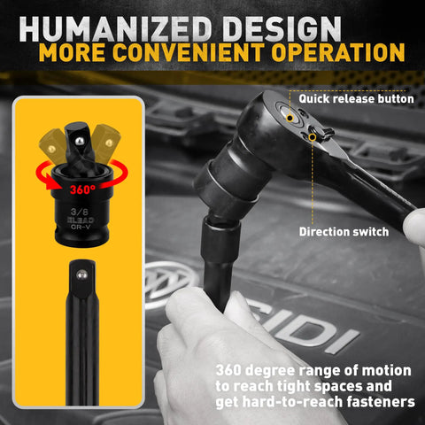 Three Eighths Drive Impact Socket Set With Fifty Piece Shallow And Deep Sockets In Metric And Standard, showing ratchet handle with quick release.