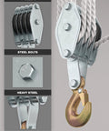 Heavy Duty Block And Tackle Pulley System For Lifting Heavy Objects With 4000 lb Breaking Strength metal pulleys and steel hook