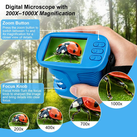 1000X HD Digital Handheld Microscope For Kids With 2.4 Inch IPS Screen Kid Friendly Portable Home Science Toy For Clear Macro And Micro Views Built In Camera For Quick Photos Perfect For Curious Little Explorers, blue handheld microscope showing ladybug close-up
