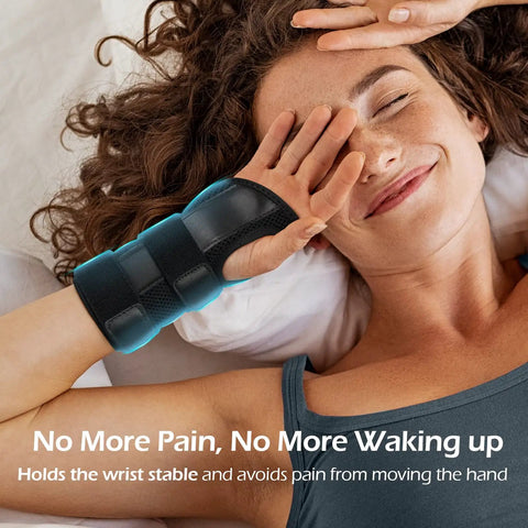 Woman sleeping comfortably wearing Wrist Brace for Carpal Tunnel Relief Night Support With Maximum Stabilization and Three Stays