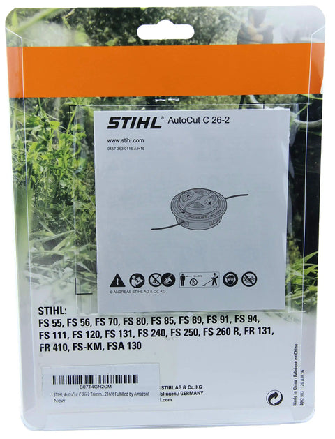 Packaging of AutoCut C 26-2 Trimmer Head With Easy-Load Auto-Feed, compatible with select gas trimmers, for lawn care.