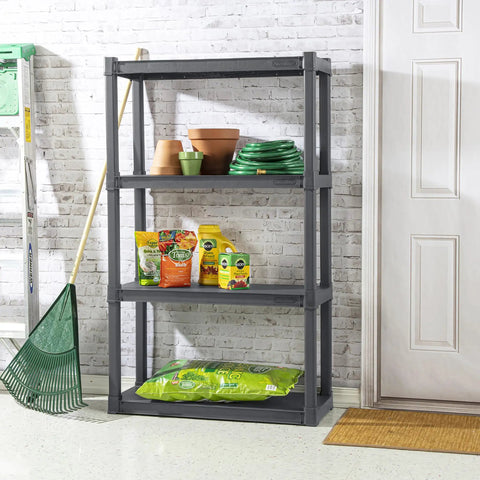 Four Shelf Heavy Duty Plastic Storage And Utility Shelving Unit For Garage Basement And Laundry Room With 50 Lb Capacity Per Shelf Durable Industrial Grade Rack For Easy Organization And Quick Access, 57 1/8 x 34 1/2 x 14 1/2 in