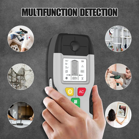 Handheld 6-in-1 Stud Finder Wall Scanner Metal Detector LCD Display(Grey) showing multifunction detection features.