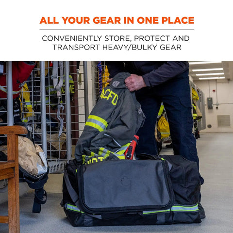 Person loading turnout gear into Beefy Firefighter Turnout Gear Duffel Bag For Fire, Fall Protection And Sport Equipment, Red Camo Large.