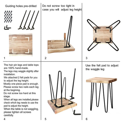 Solid Natural Wood Square Coffee Side Table With Black Hairpin Legs For Living Room Or Bedroom Handcrafted Rustic End Table Offering Killer Craftsmanship And Sweet Home Vibes assembly instructions showing legs and tabletop adjustments.
