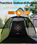 Quiet Indoor Golf Net 8X6 Feet With Target For Practice setup in a backyard, featuring sturdy 600D Oxford fabric and target design.