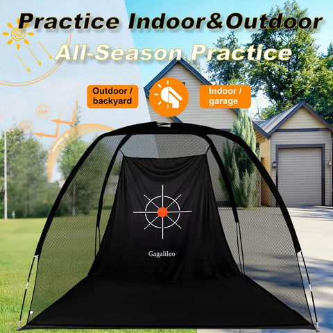 Quiet Indoor Golf Net 8X6 Feet With Target For Practice setup in a backyard, featuring sturdy 600D Oxford fabric and target design.