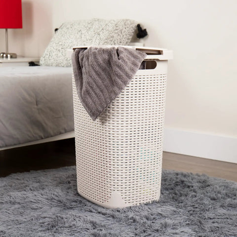 Slim Laundry Hamper With Lid 60L Tall Narrow Basket For Bathrooms Closets And Laundry Rooms Plastic Ivory Space Saver