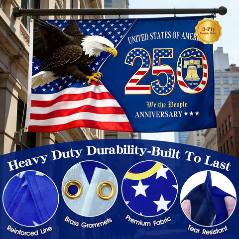 All American 250th Anniversary US Flag 3x5 Ft Double Sided Heavy Duty 3 Layer Semiquincentennial Banner 1776 2026 hung outdoors