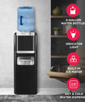 No Fuss Three In One Hot And Cold Water Cooler Dispenser Featuring Built In Bullet Ice Maker And Simple Top Load Five Gallon Bottle Compact Black Finish.