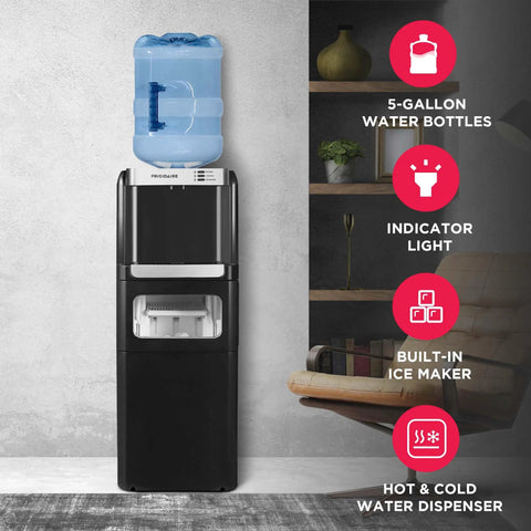 No Fuss Three In One Hot And Cold Water Cooler Dispenser Featuring Built In Bullet Ice Maker And Simple Top Load Five Gallon Bottle Compact Black Finish.