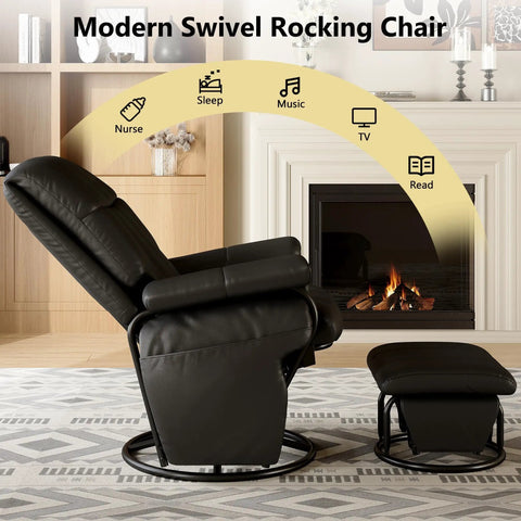 360 Degree Swivel Glider Recliner With Ottoman And Foot Rest Plus 2 Side Pockets For Nursery Living Room Bedroom Or Office Black Built In Tilt And Rocking Comfort Ideal Nursing Glider positioned in front of a fireplace in a modern living room scene
