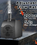 Ultra Quiet Submersible Pump 200GPH 800 L Per H 15W with Overheating Protection, showing front view on fountain