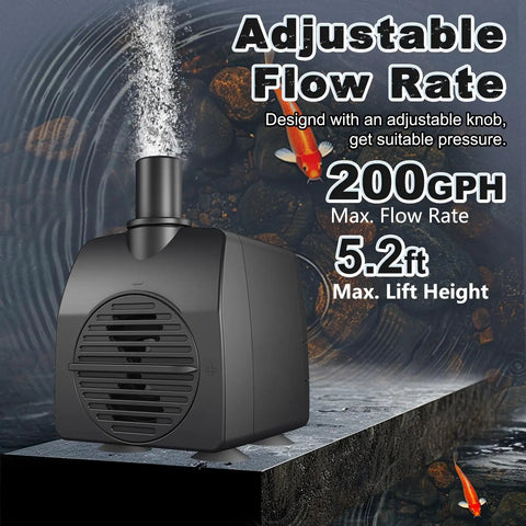 Ultra Quiet Submersible Pump 200GPH 800 L Per H 15W with Overheating Protection, showing front view on fountain