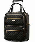 LuggeX underseat carry-on luggage with wheels, black 16-inch, soft-sided with quilted front pockets and gold zippers