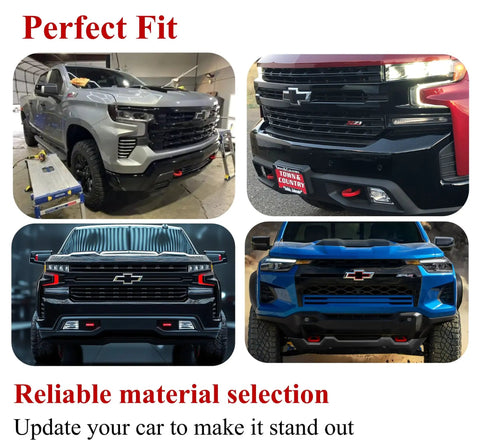 Front view of Chevy Colorado GMC Canyon with red tow hook covers installed, showcasing perfect fit and factory style.
