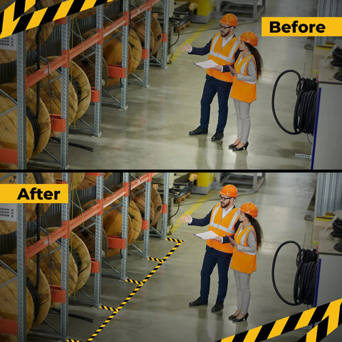 Before and after use of 2 Inch By 108 Foot Black And Yellow Floor Safety Tape With Heavy Duty Adhesive Waterproof And Tear Resistant for factory floor marking.