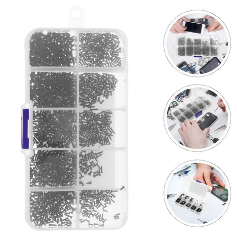Go To 1000 Piece Assorted Self Tapping Screw Set With Mini Round Head Fasteners in clear organizer box for electronics repairs.