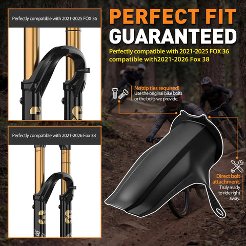 Two Pack Mountain Bike Fenders Compatible With FOX MY21 36 And 38 Forks Bolt On Mud Guards shown on mountain trail