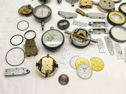 Top Shelf Bulk Lot Of Precision Dial Test Indicator Spare Parts And Hardware Kit For Industrial Mechanics Featuring Metric And Imperial Gauge Sets with various dials and components.