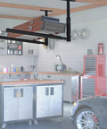 Adjustable Ladder Ceiling Rack For Overhead Garage Storage Holds Up To 150 Lbs Heavy Duty Powder Coated Steel installed in garage