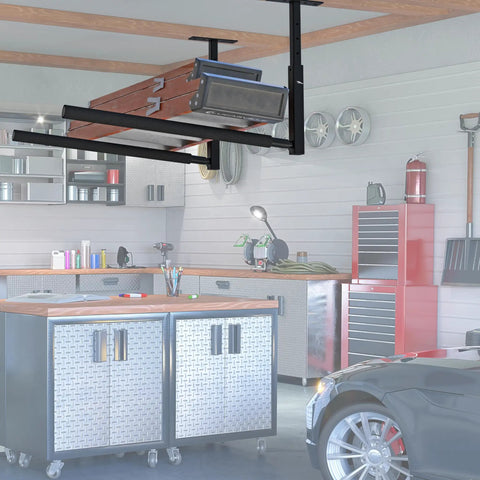 Adjustable Ladder Ceiling Rack For Overhead Garage Storage Holds Up To 150 Lbs Heavy Duty Powder Coated Steel installed in garage
