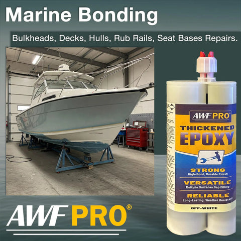 Heavy Duty Thickened Non Sag Wood Repair Epoxy Adhesive For Rot Repair Structural Bonding Filling And Sealing Wood Fiberglass And Concrete Marine Grade Gel Formula 450mL Pack with boat in garage background.