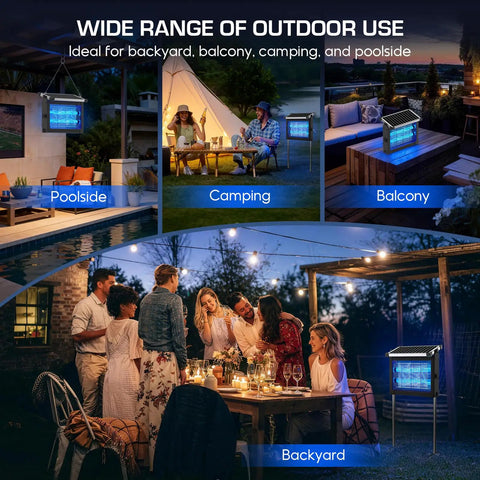 Cordless Solar Bug Zapper With USB Recharge No Fuss 4500V High Power Mosquito Killer used outdoors at poolside, camping, and backyard