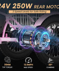16 Inch Electric Tricycle for Teens, 250W 3 wheel bike pink rear motor close-up with 3 speed levels