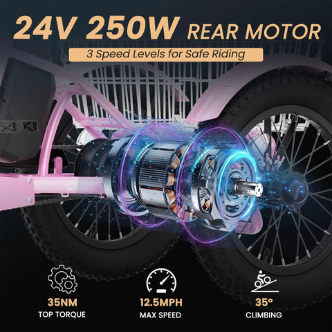 16 Inch Electric Tricycle for Teens, 250W 3 wheel bike pink rear motor close-up with 3 speed levels