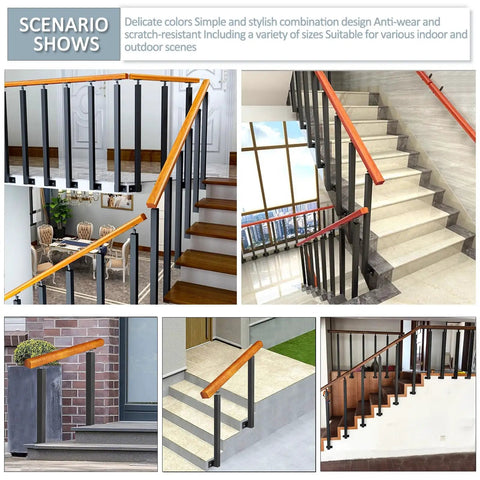 Top Shelf Adjustable Wooden Stair Railing Handrail Kit For Indoor Outdoor Use With Heavy Duty Wrought Iron Corner Brackets And Weatherproof Supports Slick Quick Setup in various indoor and outdoor settings.