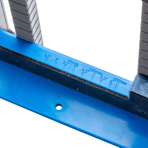 Close-up of measurement markings on Cabinet Hardware Jig And Pull Drill Guide Pro For Easy Install, Knob And Handle Hole Locator