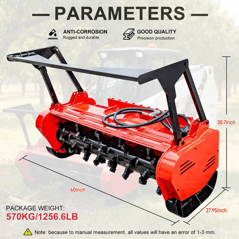 60 Inch Hydraulic Forestry Mulcher Attachment For Skid Steer Loaders, heavy-duty land clearing tool with specifications shown