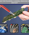Hand using Pro Grade 7 Ounce Soldering Flux With 4 Piece Pixiss Scratch Brush Pen Set for circuit board cleaning and polishing