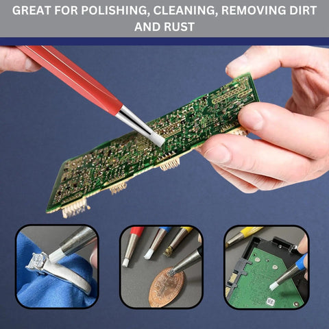 Hand using Pro Grade 7 Ounce Soldering Flux With 4 Piece Pixiss Scratch Brush Pen Set for circuit board cleaning and polishing