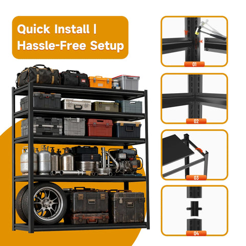 Heavy Duty 5 Tier Garage Shelving Unit With 2500 Pound Capacity, 72 Inch High, 40 Inch Wide Industrial Metal Shelves installation
