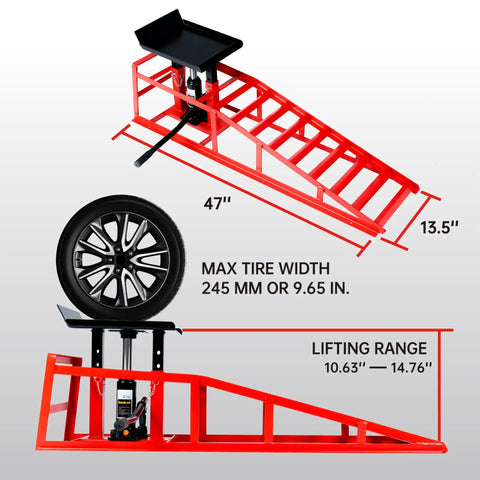 Heavy Duty 11,000 Lbs Hydraulic Car Ramps With Low Profile Lift, 10.6 To 14.7 Inch Range, Pin Lock Safety, Two Pack