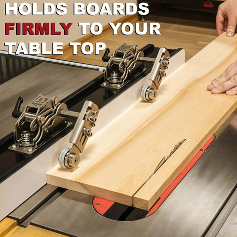 Stainless Steel Table Saw Stock Guides And Anti Kickback Rollers holding a wood board firmly during cutting process.