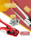 Heavy Duty Full Set Pallet Strapping Kit With Poly Strap Tensioner And Band Sealer Half By Four Thousand Inch Polypropylene Roll Plus One Hundred Metal Seals For Hella Smooth Hauls And Zero Hassle, featuring bands, tensioner, and seals.