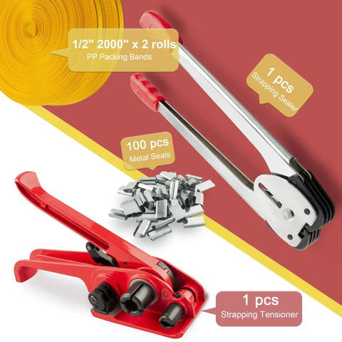 Heavy Duty Full Set Pallet Strapping Kit With Poly Strap Tensioner And Band Sealer Half By Four Thousand Inch Polypropylene Roll Plus One Hundred Metal Seals For Hella Smooth Hauls And Zero Hassle, featuring bands, tensioner, and seals.
