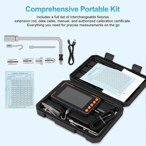 Pro Grade Digital Trigger Pull Gauge And Force Meter With 500N Capacity Big LCD Display Shows N Kg And Lb In Real Time Peak And Auto Peak Modes Data Software Calibration Certificate Great For Push Pull Tests And Quality Control., portable kit with fixtures, USB cable, and case
