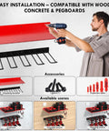 Heavy Duty Wall Mount Power Tool Organizer Rack For Garage, Workshop And Shed That Holds Drills, Batteries, Cordless And Handheld Tools, And Accessories In A Steel Red Finish With 100 Lb Capacity And One Piece Design installation guide