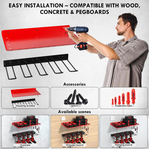 Heavy Duty Wall Mount Power Tool Organizer Rack For Garage, Workshop And Shed That Holds Drills, Batteries, Cordless And Handheld Tools, And Accessories In A Steel Red Finish With 100 Lb Capacity And One Piece Design installation guide