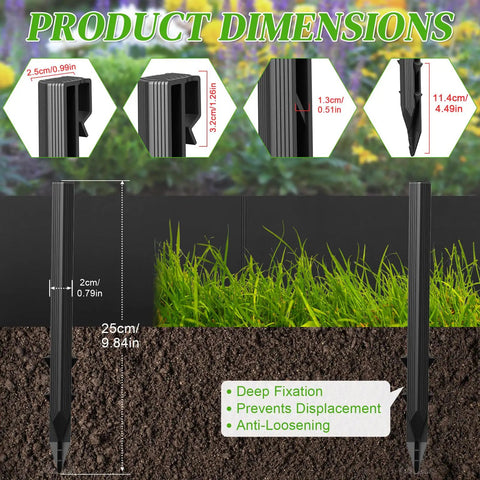 Heavy Duty Plastic Garden Stakes Set For Yard Fencing And Lawn Edging showing dimensions and soil insertion