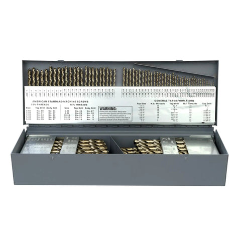 115 Piece Cobalt Drill Bit Set For Metal With M35 Alloy Split Point Heavy Duty Pro Grade Bits in gray metal storage case