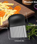 EKIND crinkle cutter with black handle and stainless steel wavy blade; front view on kitchen board.