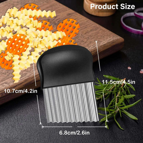 EKIND crinkle cutter with black handle and stainless steel wavy blade; front view on kitchen board.