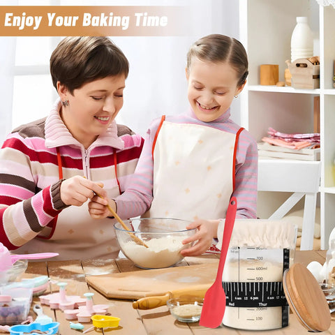 Mother and child baking using Complete Sourdough Starter Jar Kit 35 Oz Large Glass Jar With Date Marked Feeding Band