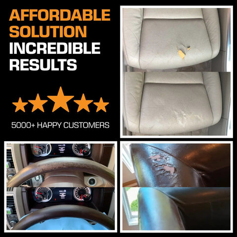 All-In-One Black Leather Repair Kit For Cars, Furniture, Couches, Boots, And Purses - Quick Scratch Repair And Leather Restoration Made Easy, Vinyl Repair Kit To Keep Your Gear Looking Fresh, image showing before and after results on car seat and dashboard