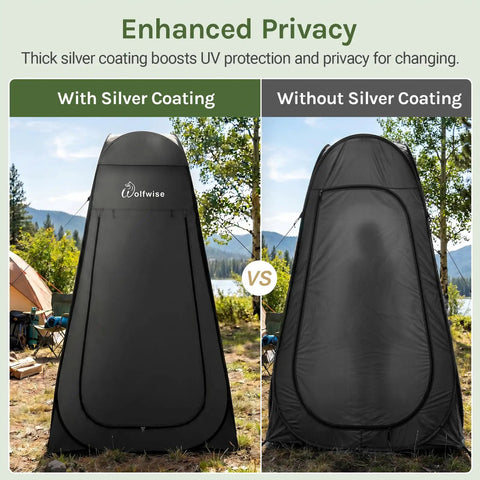 Easy Pop Up Shower Tent With Floor Portable Instant Changing Booth Privacy Bathroom For Beach Camping And Outdoor Use Vent Window Carry Bag Spacious 47x75 Inch Black Shelter with silver coating on left and without on right